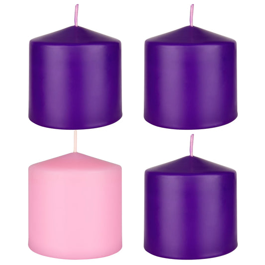 Mega Candles 4 pcs Unscented Christmas Advent Candles Set, Hand Poured Premium Wax Dome Top Round Pillar Candle 3 Inch x 3 Inch, Holidays, Festivities, Devotional, Church, Wreath, Party, Gifts