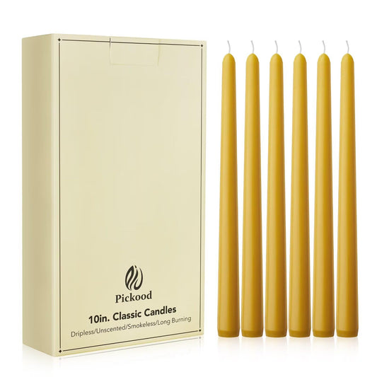 Pickood New Burning Formula Unscented Dripless 10-Inch Taper Candles Set of 12 - Spicy Mustard, for Wedding, Dinner - Smokeless, Long Burning - Hand Poured, Colored Tall Candlesticks - Mostaza Picante