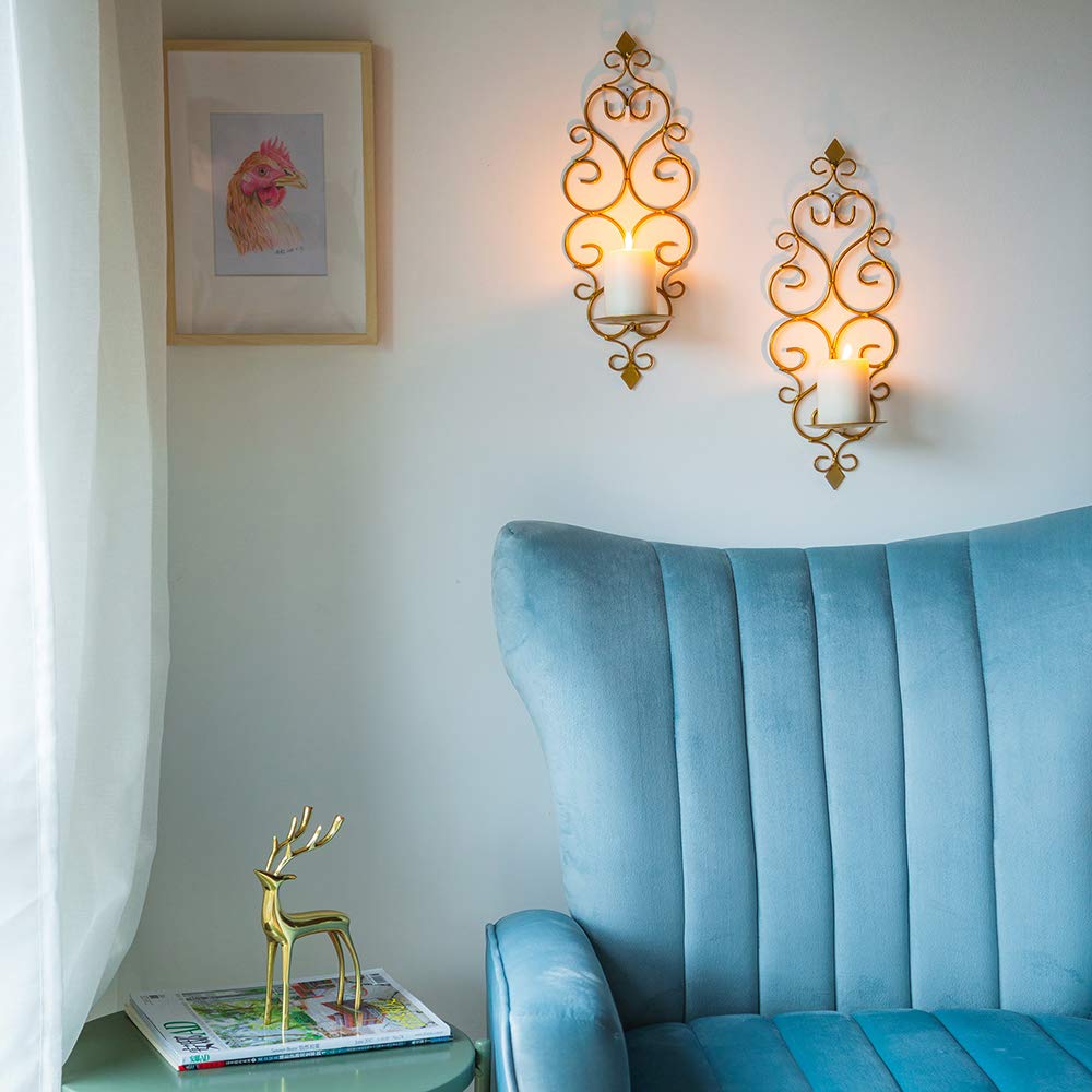Sziqiqi Iron Wall Candle Sconce Holder Set of 2 Hanging Wall Mounted Pillar Candle Sconces Holder, Wall Sconces Decor for Bedroom Dining Room, Gold