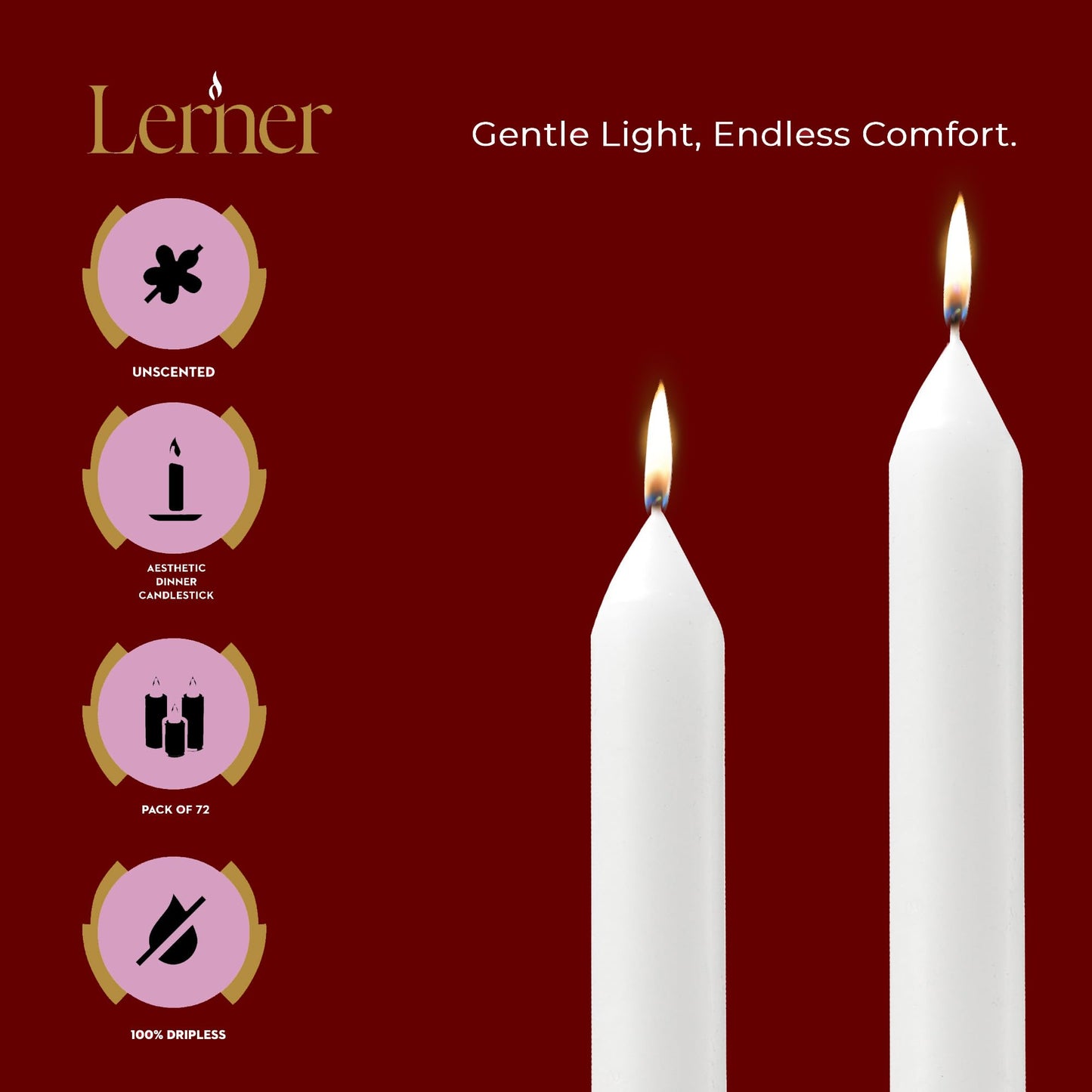 Lerner White Household Candlesticks, Pack of 72 | 4-Hour Burning Time | 5 Inch Tall Dinner Candles | 100% Dripless | Shabbat Candles | Candlesticks for Holidays, Churches, Décor, Emergencies