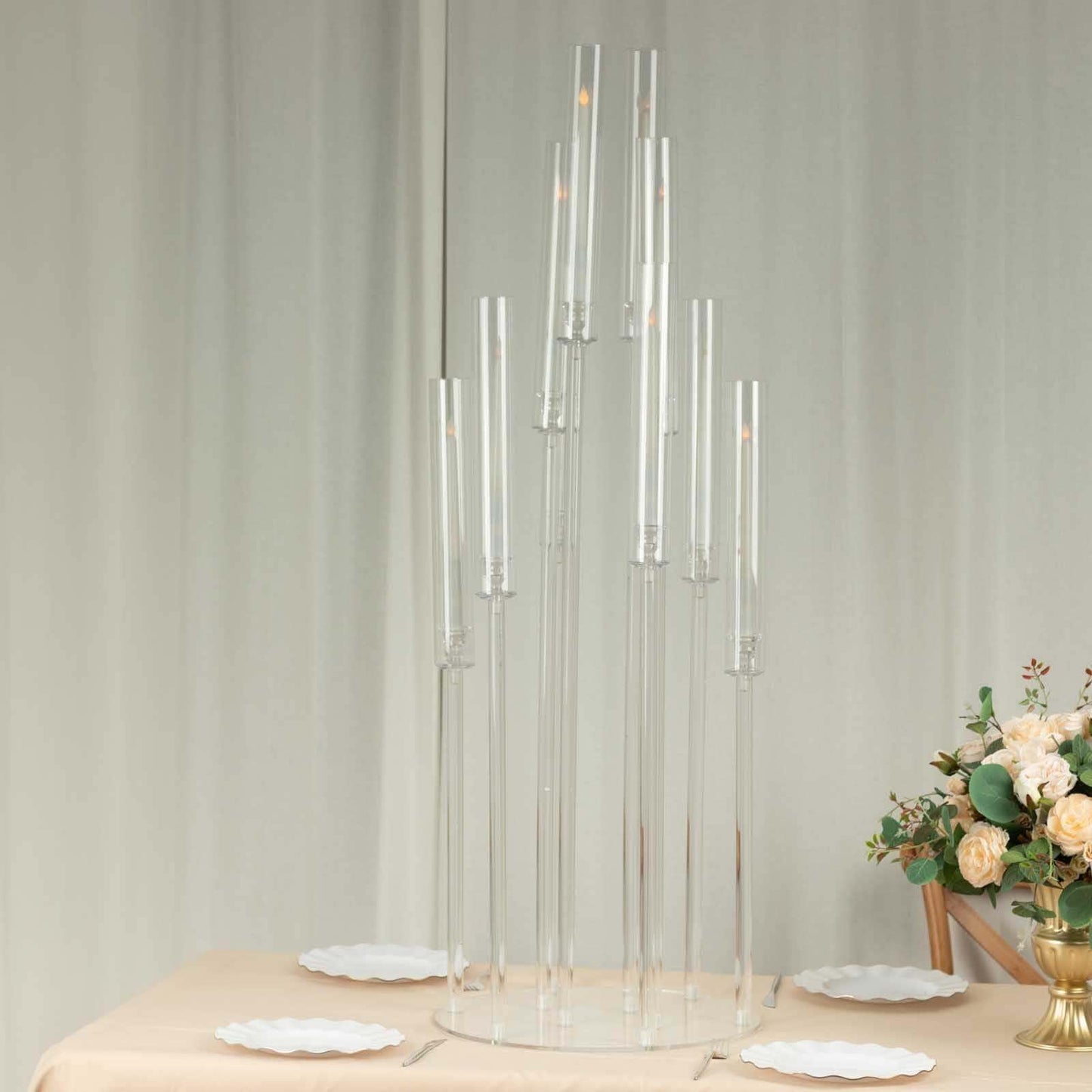 Efavormart 10 Arm Clear Acrylic Cluster Round Taper Candle Holder Candelabra, Pillar Candle Stick Stand with Circular Base - 47" Tall