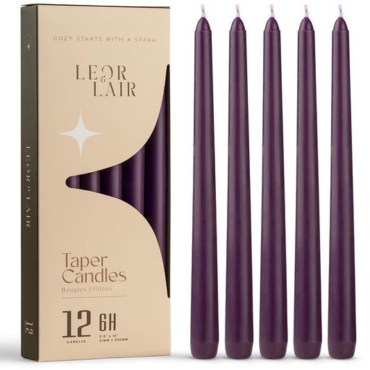Leor & Lair Purple Taper Candles - 12 Pack 10" Purple Candlesticks - Unscented Long Burning Candle Sticks for Home Decoration, Dinner Table, Holidays, Weddings, Restaurants & Events