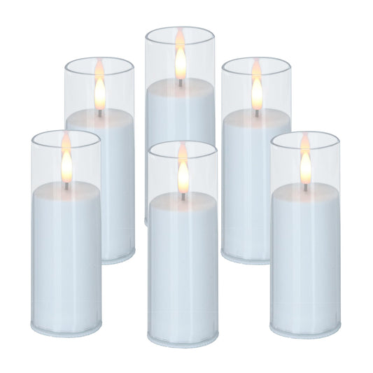 CANDLE CHOICE Indoor Outdoor Flameless Candles with Timer Waterproof Realistic Flickering Battery Operated Pillar LED Lights with Acrylic Shell Wedding Party Christmas Decorations 6 Pack 2”x6” Clear