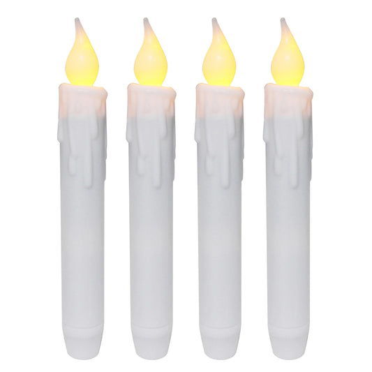 CVHOMEDECO. Flickering Taper Candles LED Drip Flameless Candles, Battery Operated with Timer, White, 6-3/4 Inch, Set of 4