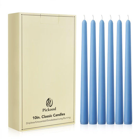 Pickood New Burning Formula Unscented Dripless 10-Inch Taper Candles Set of 12 - Light Blue, for Wedding, Dinner - Smokeless, Long Burning - Hand Poured, Colored Tall Candlesticks - Azul Claro