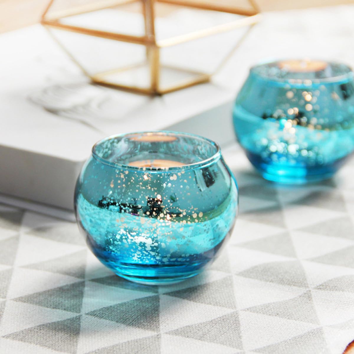 Veemoon 12pcs Small Round Glass Candleholder Set with Blue Pattern Votive Candle Cups for Home Decor Hotel Candle Holders for Table Centerpieces and Events
