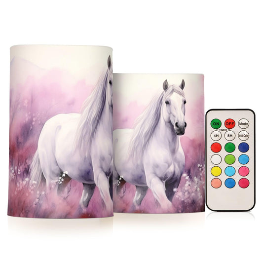 BOESI White Horses in Pink Field Flameless Candles Color Changing LED Candles with Remote Control Battery Candles for Outdoor and Indoor Home and Room Decoration, 3'' x 4''/5'' Set of 2 Pieces