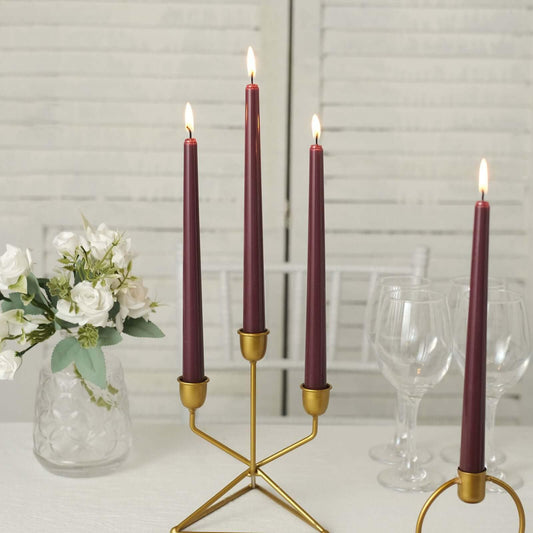 Efavormart 10 Pack 10" Burgundy Unscented Taper Candles, Long Burn Dripless Solid Color Wax with Cotton Wick for Wedding Dinner and Home Decor
