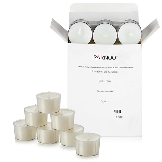 White Tea Light Candles with Clear Cup – Box of 24 – Extended Burn Time 10 Hour – Unscented and Smokeless Tealight – Perfect for Wedding, Party, Hotels, Restaurants