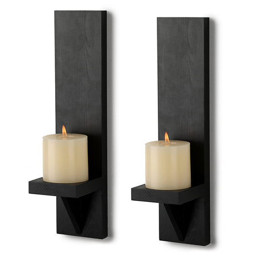 OwnMy Set of 2 Wooden Wall Candle Sconces Rustic Wall Mount Wooden Pillar Candle Sconces, Black Farmhouse Wall Candle Sconce Vintage Hanging Candle Holders Decor for Living Room