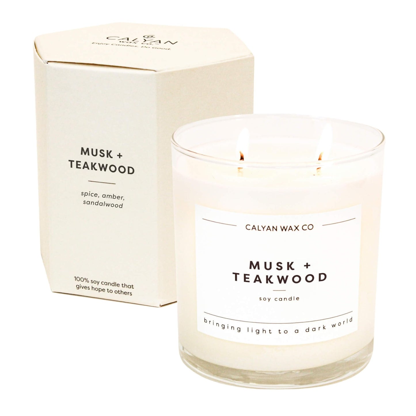 Calyan Wax Co. Musk & Teakwood 2 Wick Scented Candle - 37 Hour Burn - Luxury Clean Soy Wax Candles - Long Lasting Large Glass Jar Candle for Home - 8.8oz