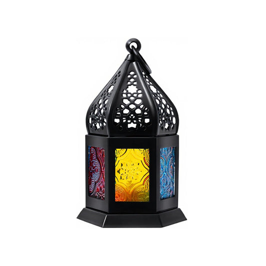 Wikimo Moroccan Candle Lantern with Battery, 5.1" Black Hollow Metal Hanging Lantern with Multicolor Stained Glass, Small Vintage Candleholder for Indoor Outdoor Home Bar Wedding Decor