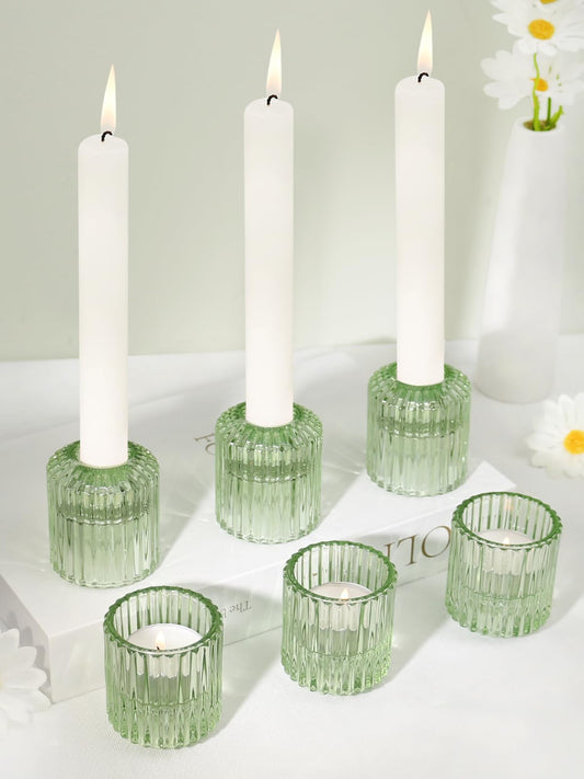 CHOCSTAY Reversible Green Glass Candle Holder Set of 6, Thick Heat-Resistant Glass Candlestick Holders for Taper, Tealight, Votive, LED Candles, Perfect for Wedding, Party, Home Décor