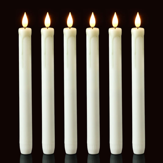 Homemory 6 Pack Flameless Taper Candles, No Remote, Realistic Flickering Battery Operated Candlesticks, White LED Plastic Candle Safe for Weddings, Table Decor, Christmas, and Halloween
