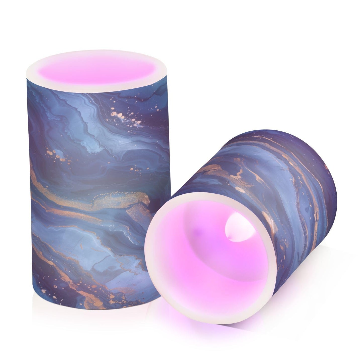 WEVIBOFU Blue and Gold Marble Flickering Flameless Candles LED Battery Operated with Remote Timer Pillar Candles for Home Birthday Wedding Christmas Decor, Set of 2
