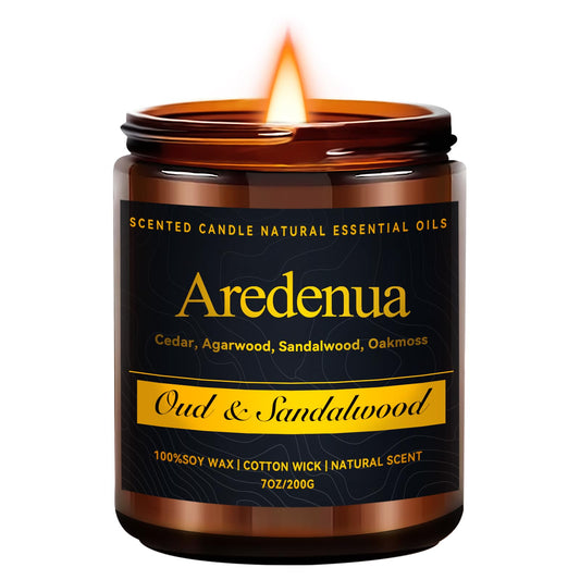 Oud & Sandalwood Candle for Meditation - Luxury Soy Candle for Home, Long Lasting Woody Aroma for Stress Relief & Calm, Hand Poured Scented Candle for Men & Women - Elegant Minimalist Home Decor