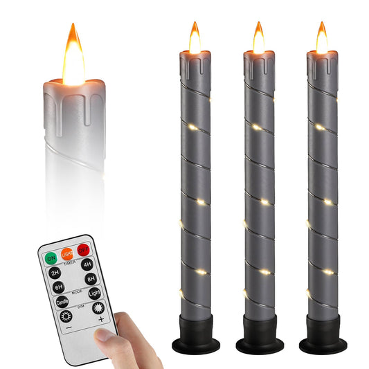 Rlojru 3PCS Flameless Taper Candles Grey Black Battery Operated, with Embedded Fairy String Lights, LED Flickering Flame Candle, Remote Control,Timer for Wedding, Birthday Party, Prom, Home Decoration