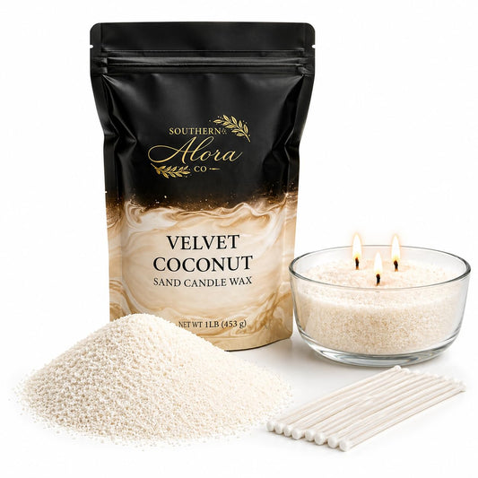 Candle Sand Wax 1 LB – Southern Alora Refillable Sand Candles with 10 Cotton Wicks – DIY Candle Kit for Wedding Centerpieces, Table Decor & Modern Home Decor (Velvet Coconut)