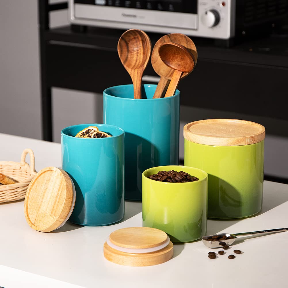 Sweejar Ceramic Food Storage Jar, Stackable Kitchen Canisters, Containers with Airtight Seal Wooden Lid for Serving Ground Coffee, Tea, Sugar, Salt and More - 28 Fl Oz (Gradient Green)