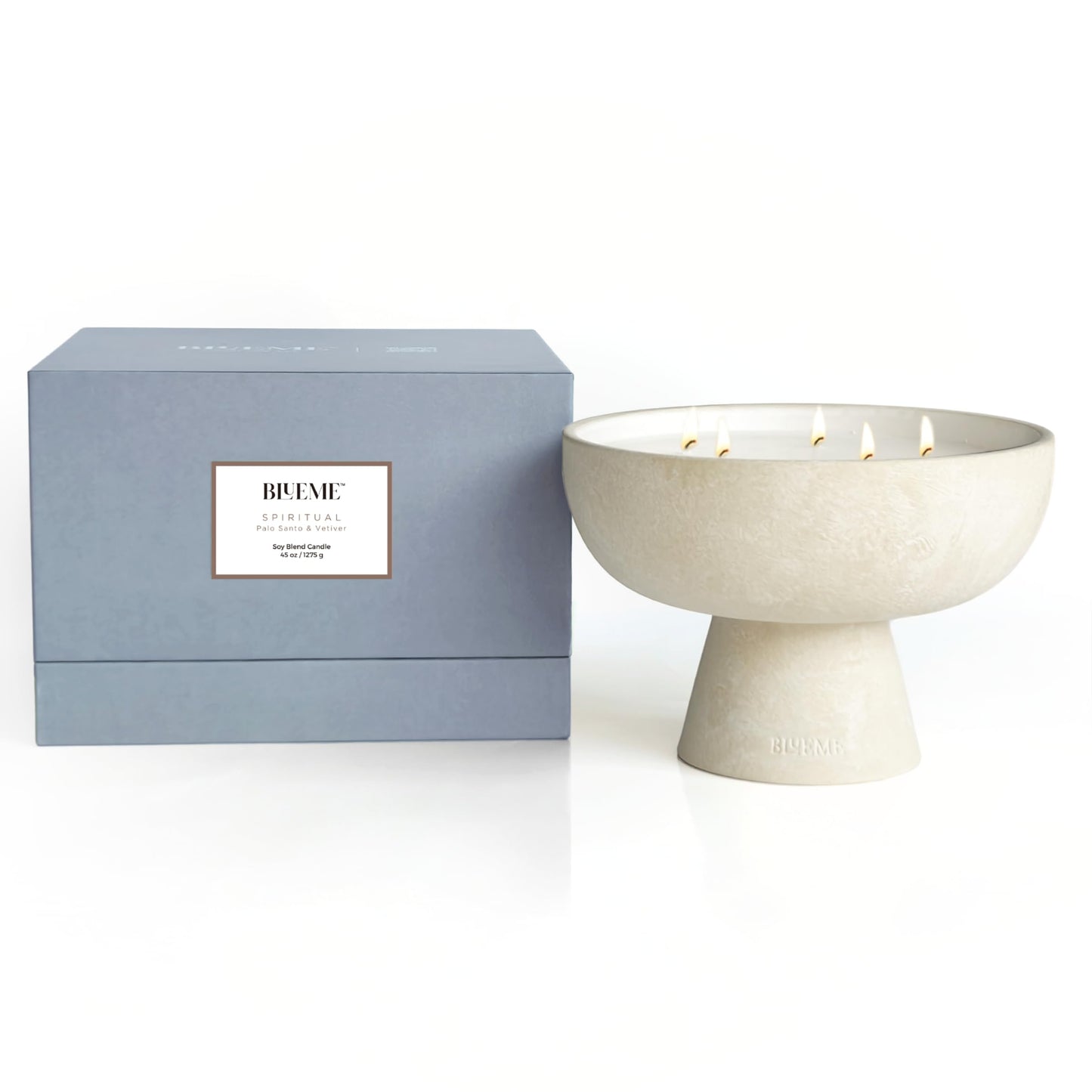 Blueme Spiritual Candle | Palo Santo & Vetiver | 5 Wick - Refillable Wellness Candle with Essential Oils, Hand Finished & Poured Soy Wax Blend Ceramic Vessel, Natural Cotton Wicks | Giant 45 oz