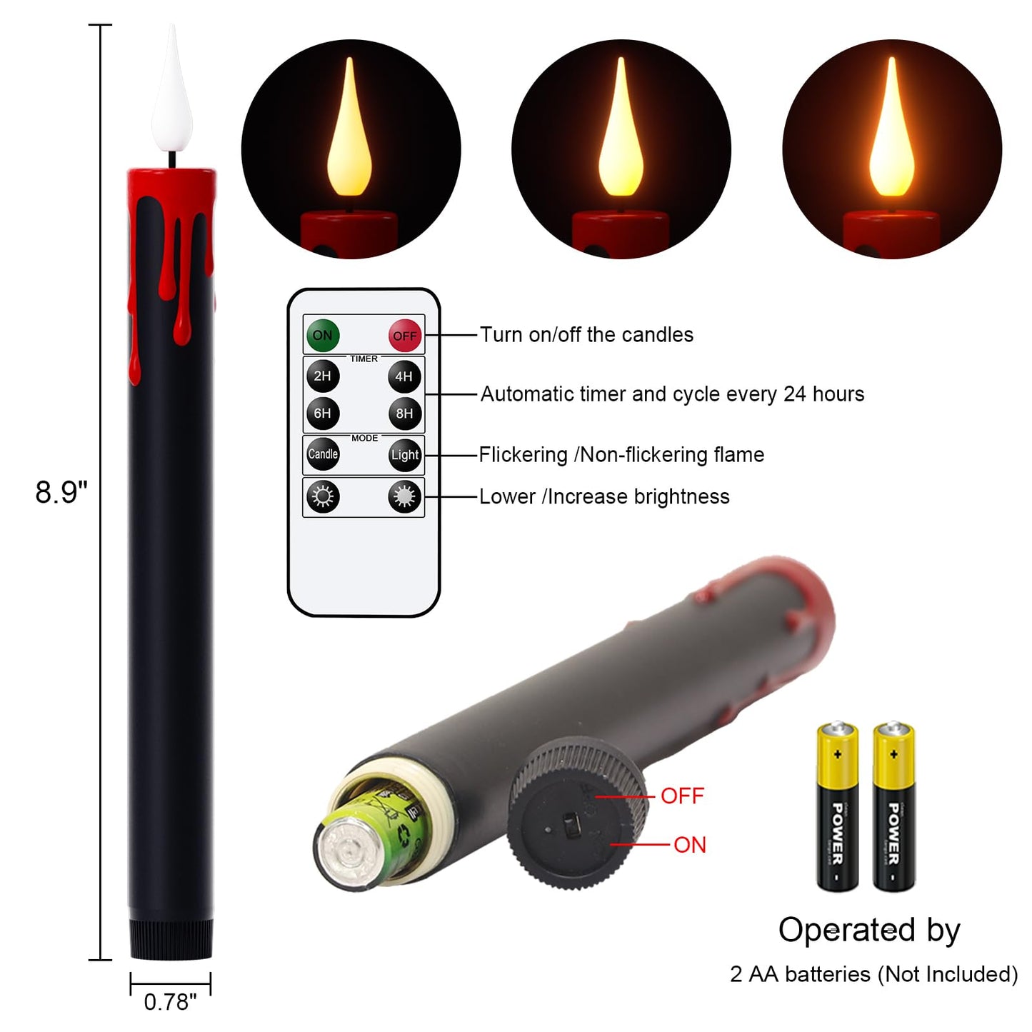 Wondise Halloween Flameless Taper Candles with Remote and Timer, Battery Operated 3D Wick Flickering with Blood Dripping Halloween Candles for Spooky Horror Home Halloween Decoration