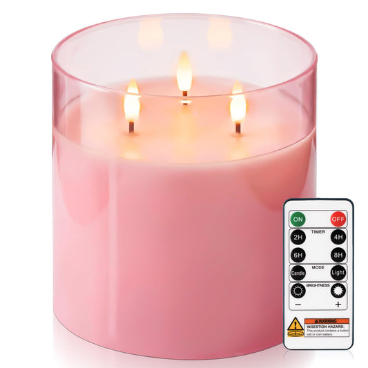 Homemory 6x6 Extra Large Flameless Candle with 3 Wicks, Pink Glass LED Pillar Candle, Real Wax Battery Operated Candle with Remote and Timer, Flickering Flameless Candle Home Wedding Valentine Decor
