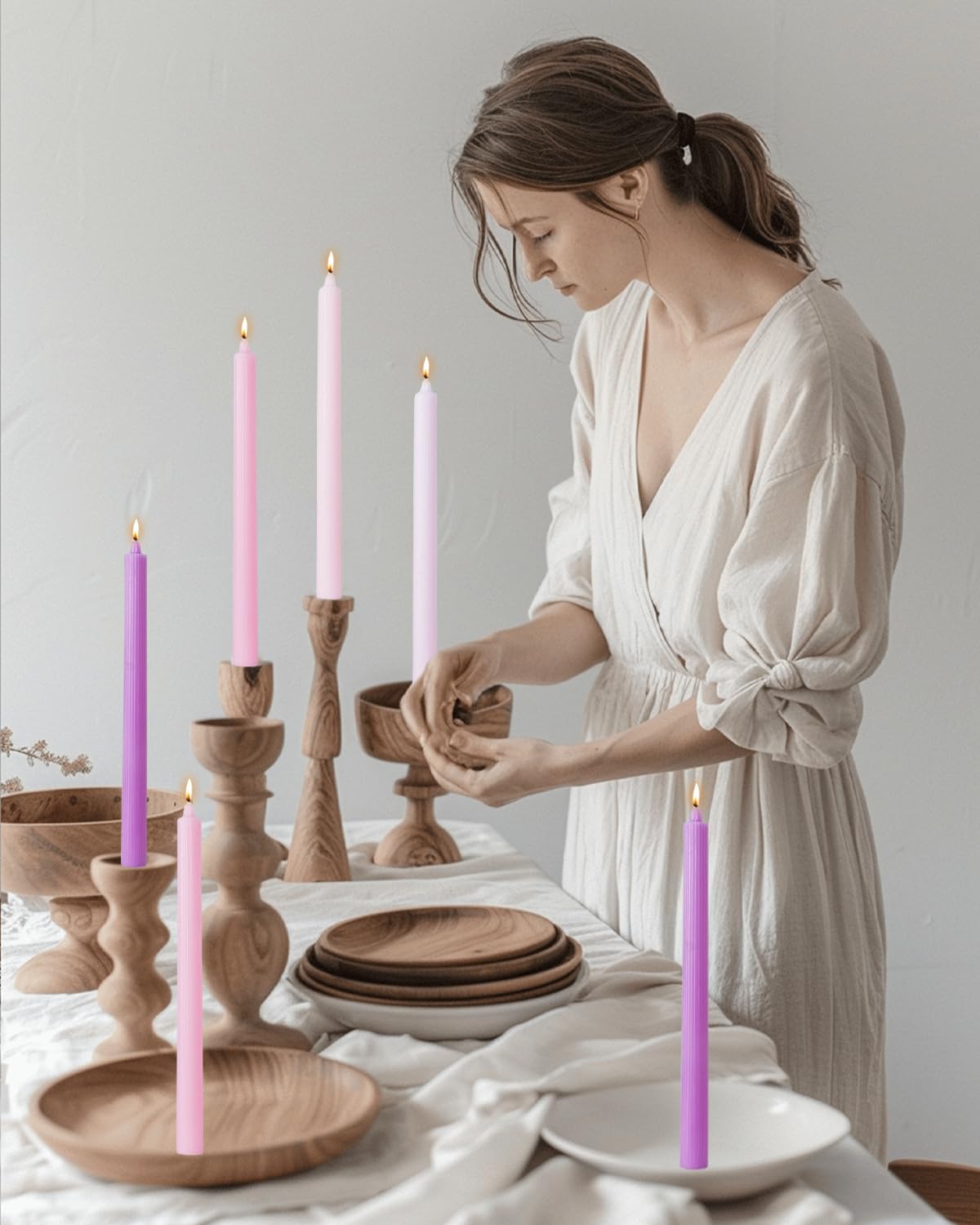 Ribbed Purple Taper Candles Set of 12 Unscented Dripless Smokeless Long Tall Tapered Candlesticks Wedding Advent Home Decor Dinner Christmas-Natural Color Series-10.6 Inch