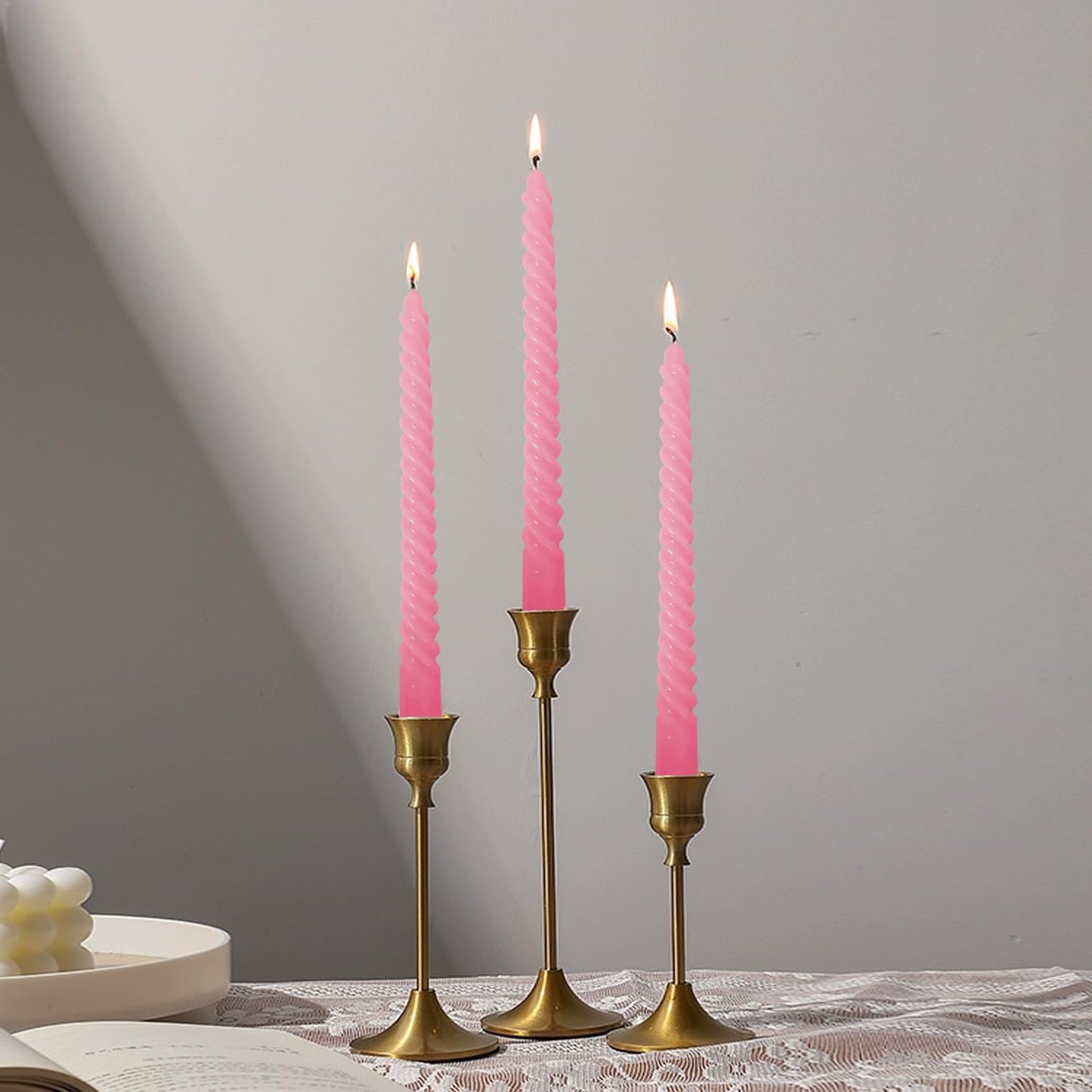 Topsics 6 Pack 10 Inch Pink Taper Candles, Spiral Taper Candles, Unscented Twisted Taper Candlesticks, Home Decor Kitchen Decor Wedding Decorations