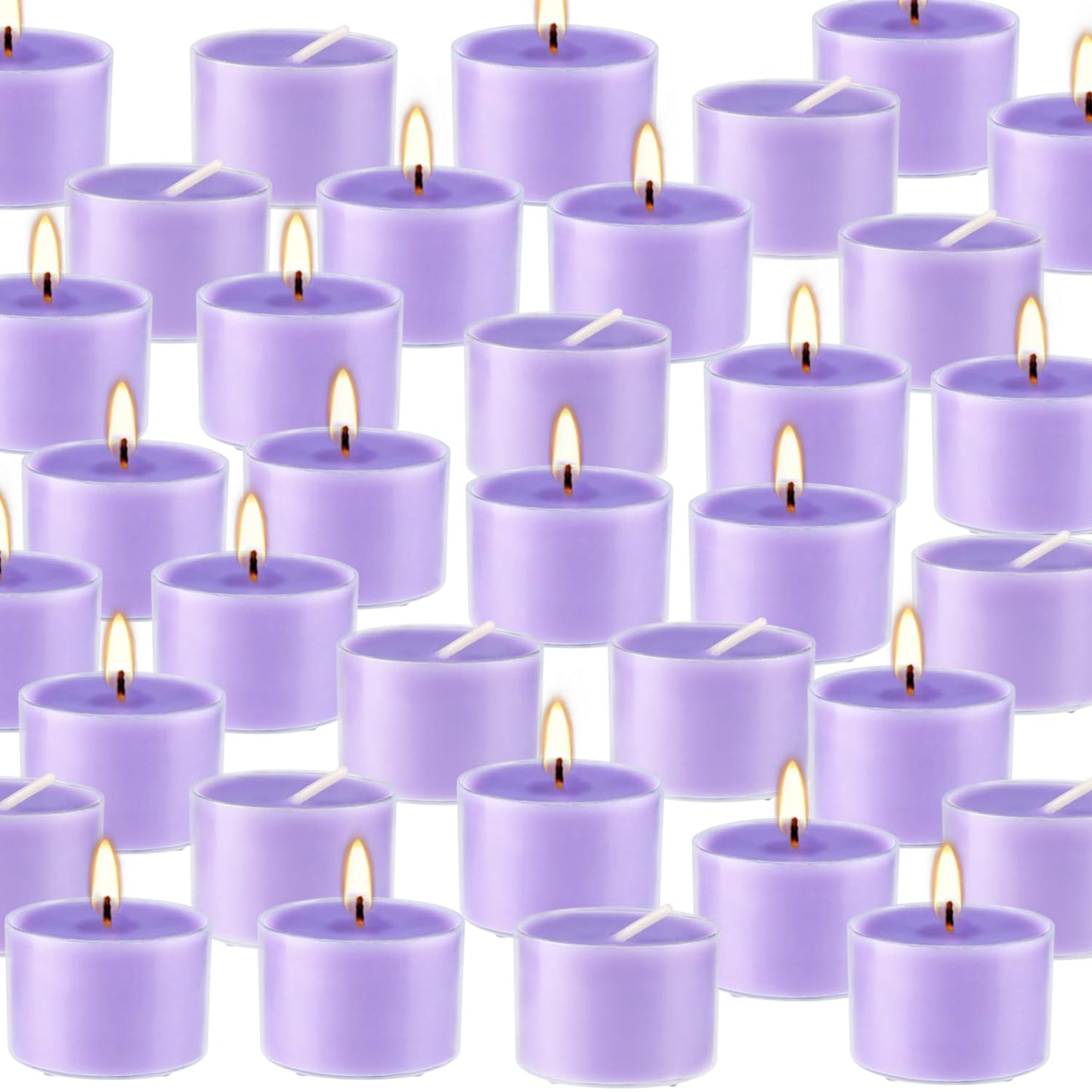 Wfmolcand 50 Pack Bulk Lavender Scented Tealight Candles in Clear Cup, Purple Wax Votive Candle for Birthdays Weddings Churches Anniversaries & More（8 Hour）