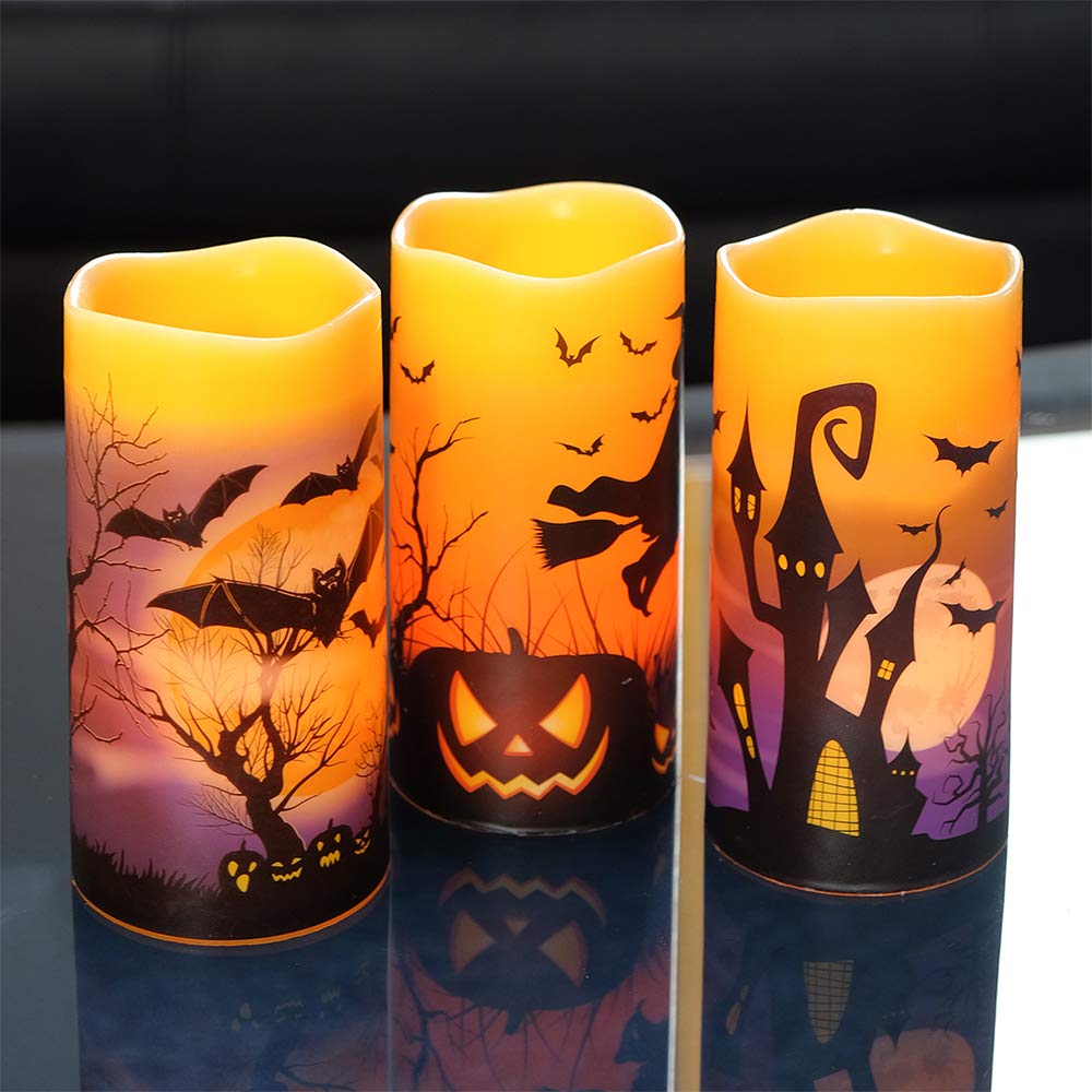 Wondise Halloween Flameless Flickering Candles with 6hrs Timer, Battery Operated Candles with Halloween Decals Real Wax LED Pillar Candles for Halloween Home Table Decor (3 x 6 Inches), Orange