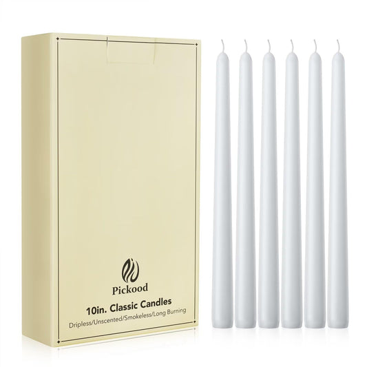 Pickood New Burning Formula Unscented Dripless 10-Inch Taper Candles Set of 12 - White, for Wedding, Dinner - Smokeless, Long Burning - Hand Poured, Colored Tall Candlesticks - Blancas