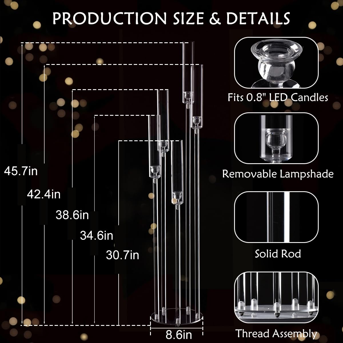 Fullvaseer 8pcs 5 Arm Floor Candelabra,Acrylic Floor Candle Holder for Wedding Centerpiece Tall Clear Candle Holders for Ceremony Birthday Party Home Decoration Fit 0.8 LED Candles