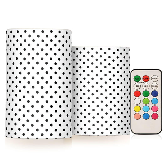 Gravopti Black White Polka Dot Flameless LED Pillar Candles Set, Battery Operated with Remote Timer, 3" x 5" & 3" x 4" Indoor Outdoor Decor (2 Pack)