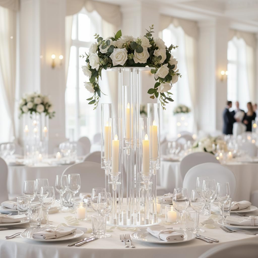 Fullvaseer 4PCS 5 Arm Candelabra,Clear Centerpiece for Table,Acrylic Centerpiece Stand for Wedding Reception,Acrylic Candle Holder for Event Celebration Wedding Birthday Home Christmas