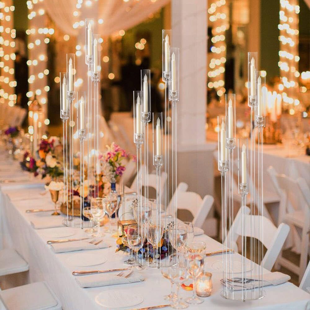 Fullvaseer 8pcs 5 Arm Floor Candelabra,Acrylic Floor Candle Holder for Wedding Centerpiece Tall Clear Candle Holders for Ceremony Birthday Party Home Decoration Fit 0.8 LED Candles