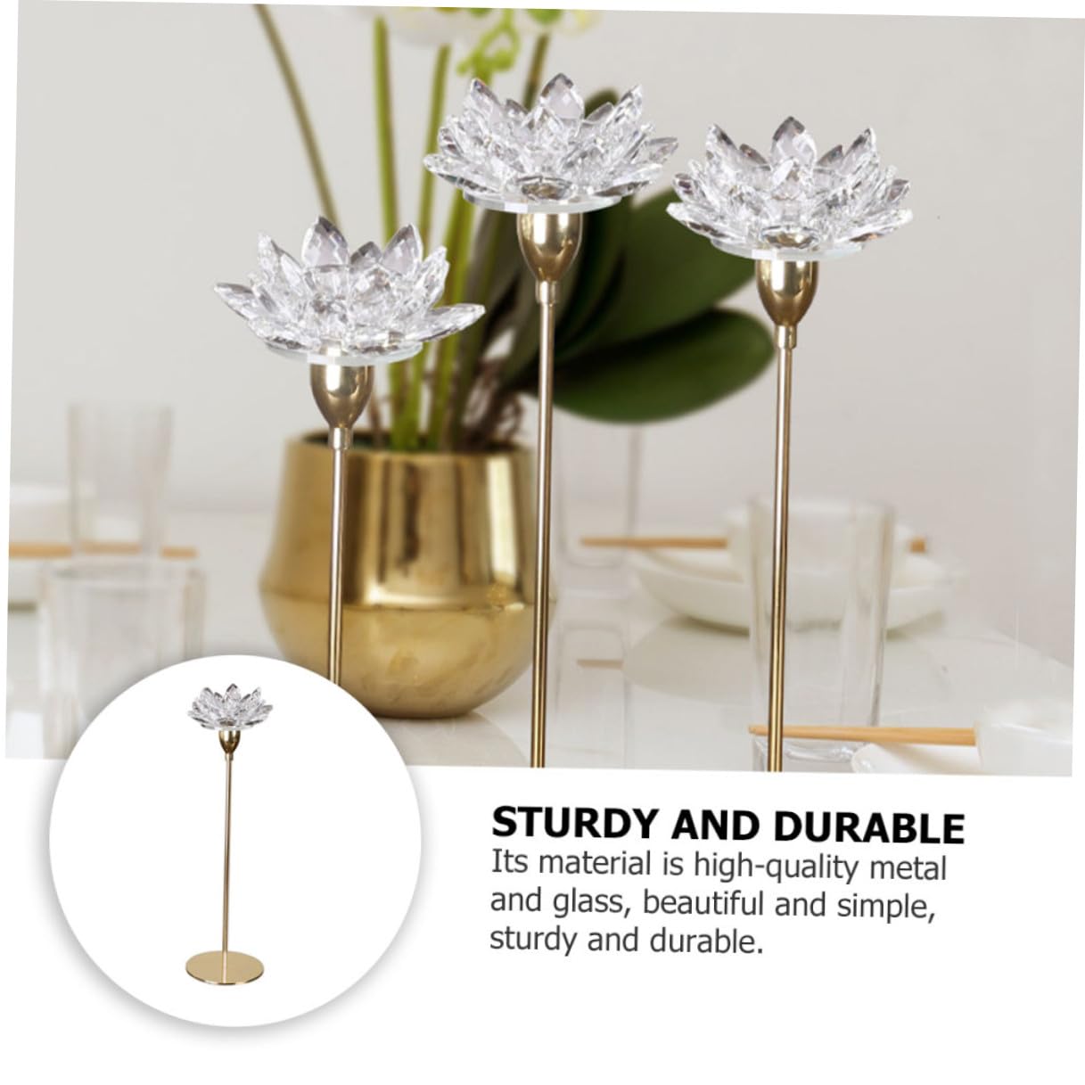 jojofuny Metal Crystal Lotus Candlestick Holder Small Gold Wedding Candle Stand Decorative Candlelight Dinner Ornament for Dining Room