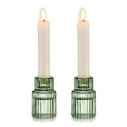 Hewory Glass Taper Candle Holders: 2PCS Green Vintage Candle Holder Candlestick Holders Bulk, Ribbed Glass Candle Holder Candle Sticks Holder Decor for Table Centerpiece Wedding Christmas Home Decor