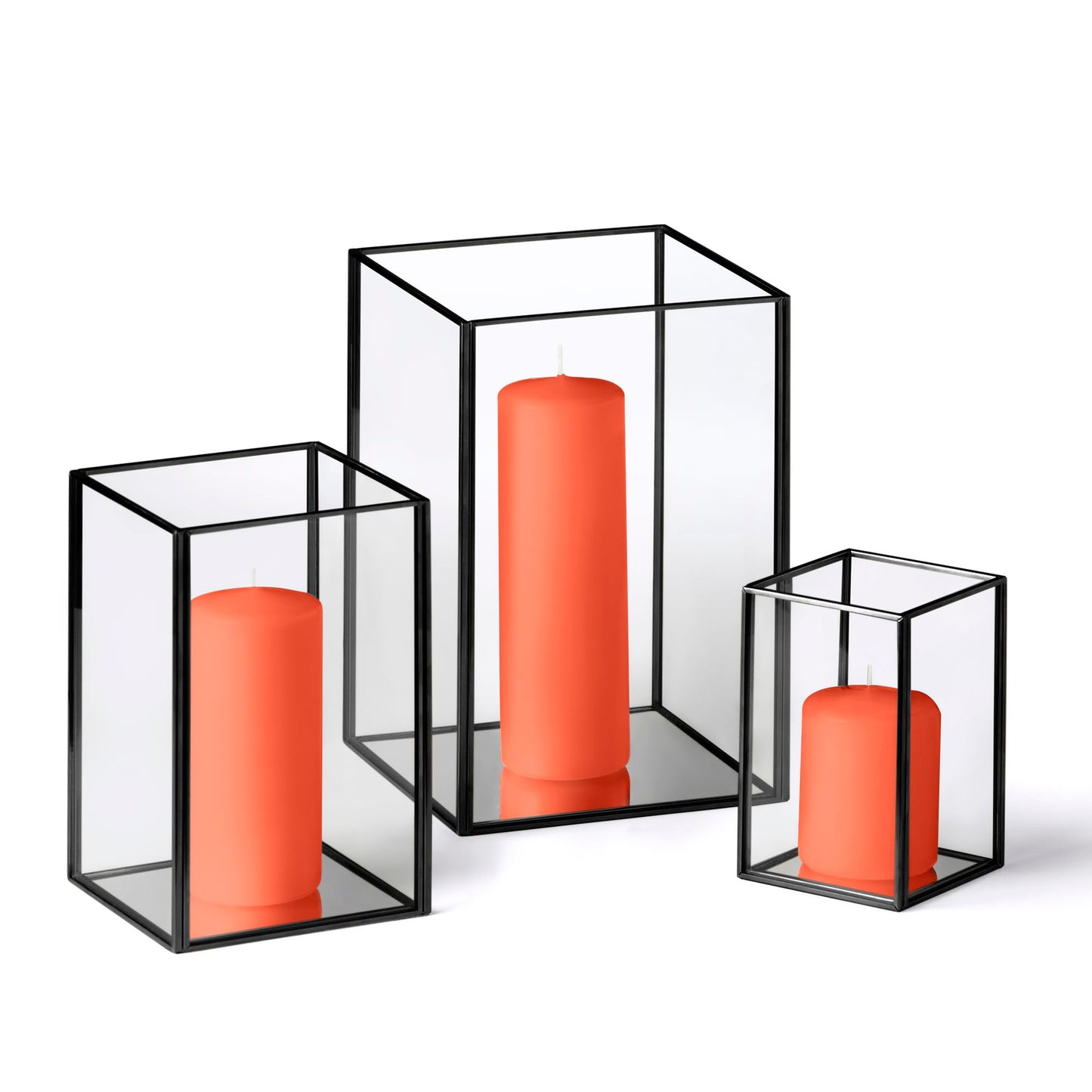 Yummi Set of 36 Slim Pillar Candles & Black Luxus Lanterns - Bright Orange