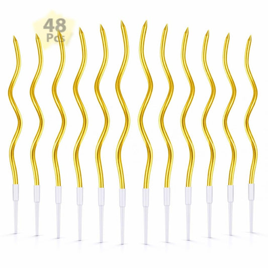 Cloud 48 PCS Metallic Gold Spiral Cake Candles with Holders, Long Twisty Curly Birthday Candles for Cake & Cupcake Decoration, Party Supplies