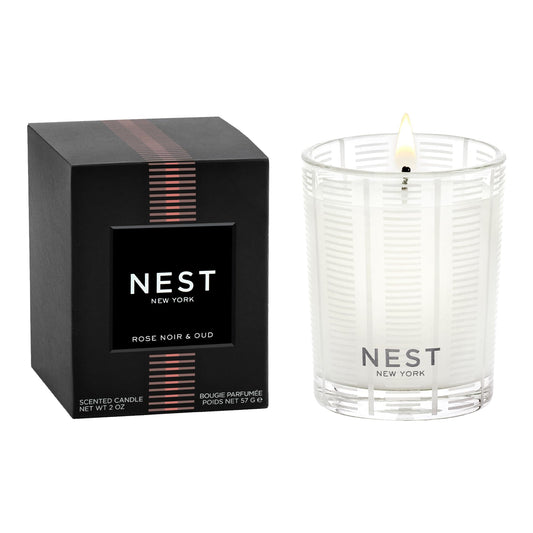 NEST New York Scented Votive Candle, Rose Noir & Oud - 2 oz - Up to 28-Hour Burn Time - Reusable Glass Vessel