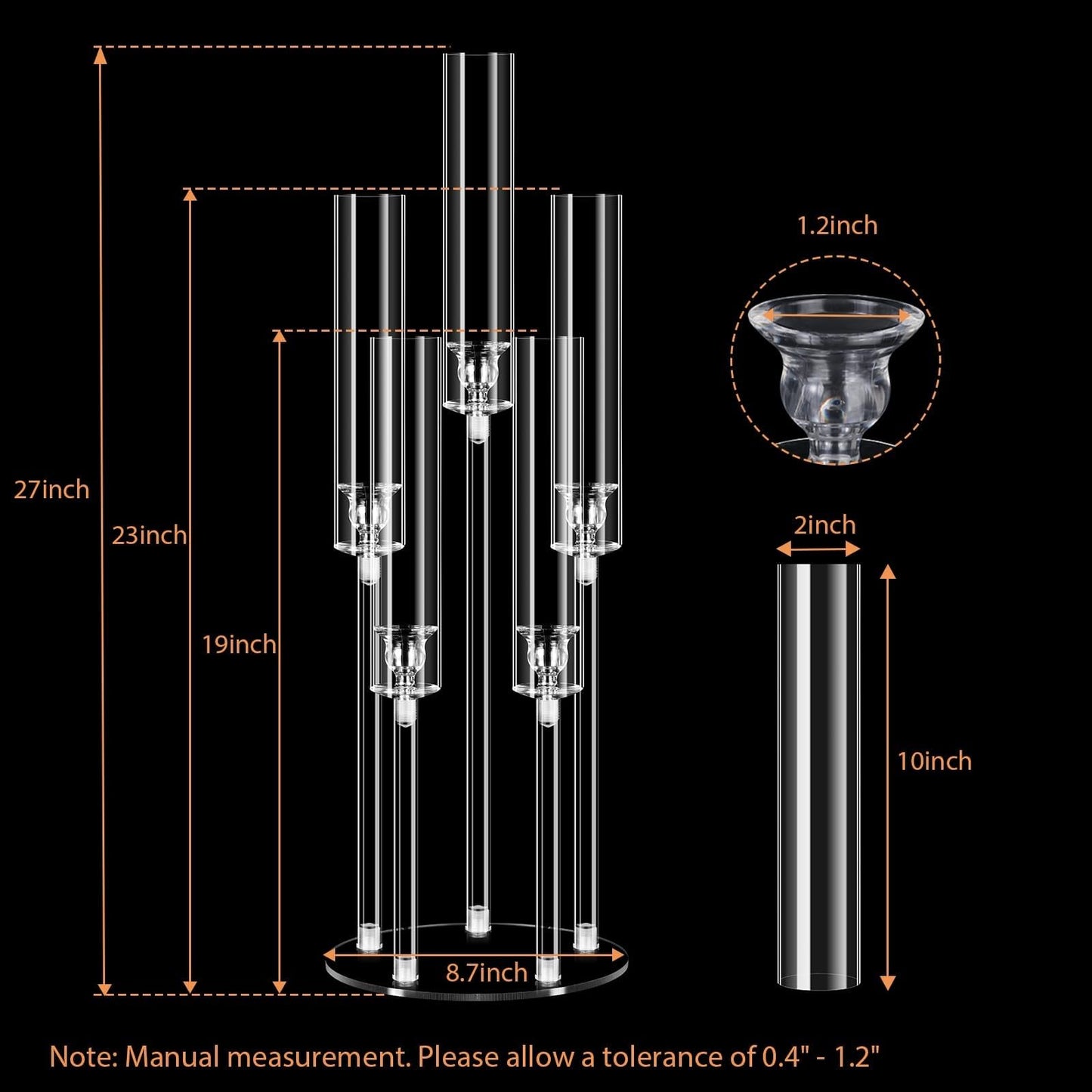 5 Arms Acrylic Candelabra Centerpieces for Tables, Clear Candle Holder for Halloween Christmas Wedding Party Decor, 27" Tall Candlestick Holders with Lampshade, Fits LED Candle(2pcs)