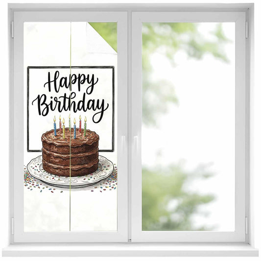 Happy Birthday Privacy Window Film, Watercolor Chocolate Cake Colored Candle Candy Stained Glass Film Non-Adhesive Window Clings, UV Blocking Static Sticker Covering Reusable for Home 17.7x39.3in