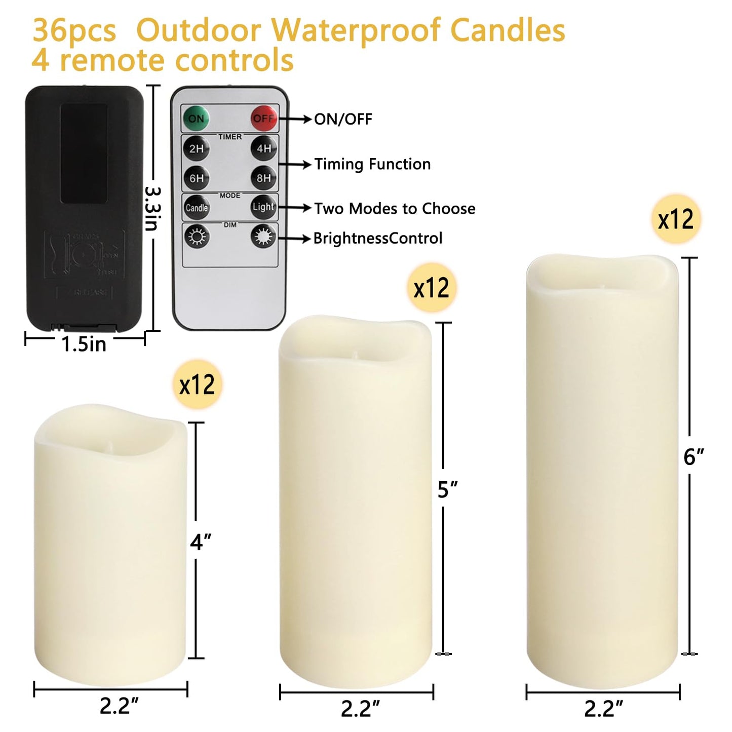 Aamdkcyu 36 Pack Waterproof Flameless LED Candles - Outdoor Battery Operated Candles with Remote & Timer, Realistic Flickering Flame, Safe for Porch, Patio, Weddings, Parties & Home Decor