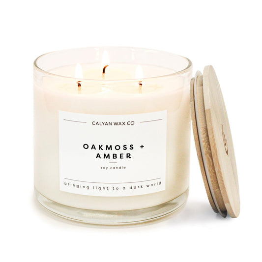 Calyan Wax Co. Oakmoss & Amber 3 Wick Scented Candle - 43 Hour Burn - Luxury 3 Wick Soy Candles - Clean Soy Wax Candles - Long Lasting Large Glass Jar Candle for Home - 14.9oz