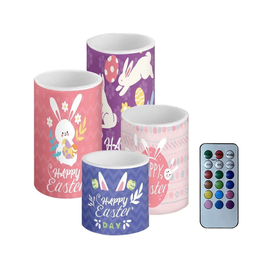 NETILGEN Happy Easter Flameless LED Battery Candles 4PCS Pillar Candles with 18-Key Timer Remote Color Changing Lights for Easter Party Day Celebration Decor, Cute Floral Bunny Rabbit