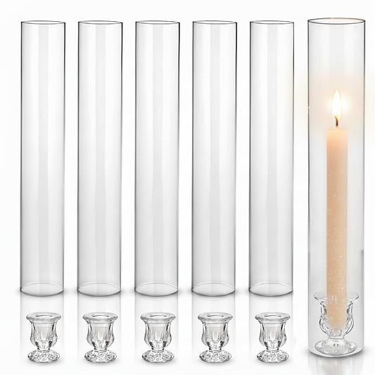 CHILL RECIPE Hurricane Glass Candle Holders-Set of 6 Tall Taper Candle Holder with 12” Tall Clear Cylinder Covers for Wedding Table Centerpiece Home Decor (Floral Base+Clear Chimney)
