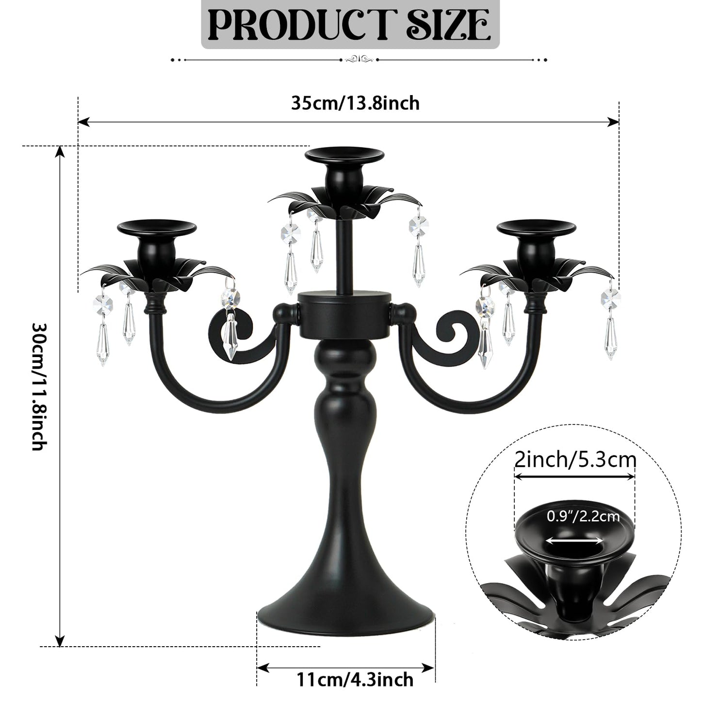 KEHAIL Metal 3 Arm Candelabra with Crystal Pendants - 11.8 Inch Tall Candle Holders, Set of 2 - Elegant Taper Candlestick Stand for Wedding, Dining Table, Christmas Party Home Decoration (2, Black)