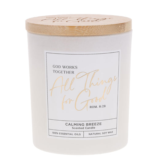 Christian Art Gifts Soy Wax Scented Candle: Romans 8:28 Bible Verse, Calming Breeze Scent, Pure Essential Oils, 4.5 oz, Up to 20 Hours Burn Time, Glass Jar w/Bamboo Lid, Encouragement Gift