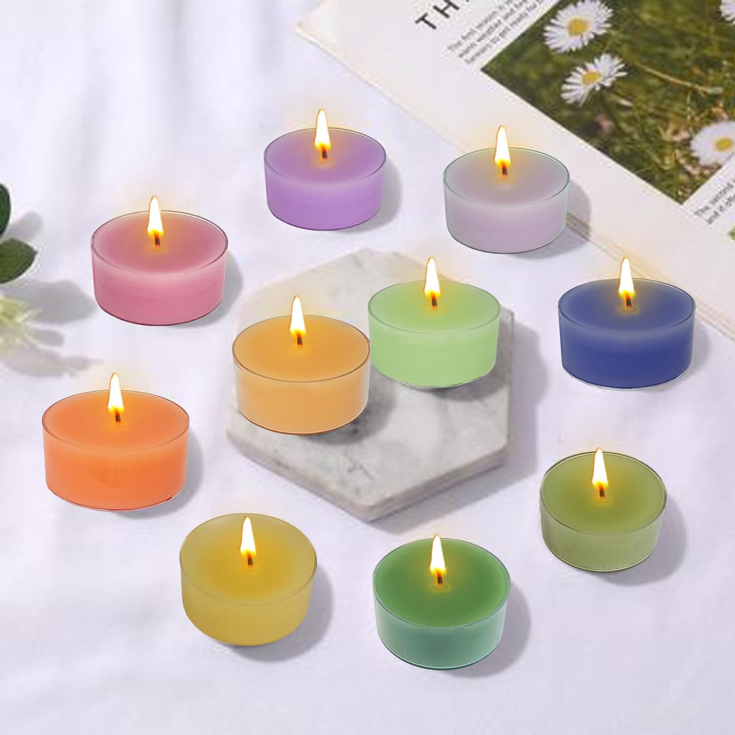 Scented Tea Light Candles 12 Pack Hand Poured 3 Color Smokeless 4 Hours Clean Burning Small Round Clear Cups Tealight Candles for Romantic Dinners Wedding Centerpieces Cozy Evenings