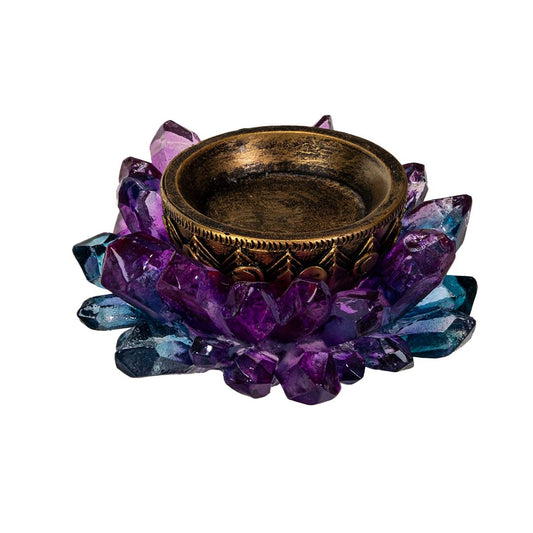 Pacific Giftware Crystal Tealight Candle Holder Purple and Blue Amethyst Cluster Design with Vintage Bronze Base Celestial Polyresin Decorative Home Accent 4.53''L